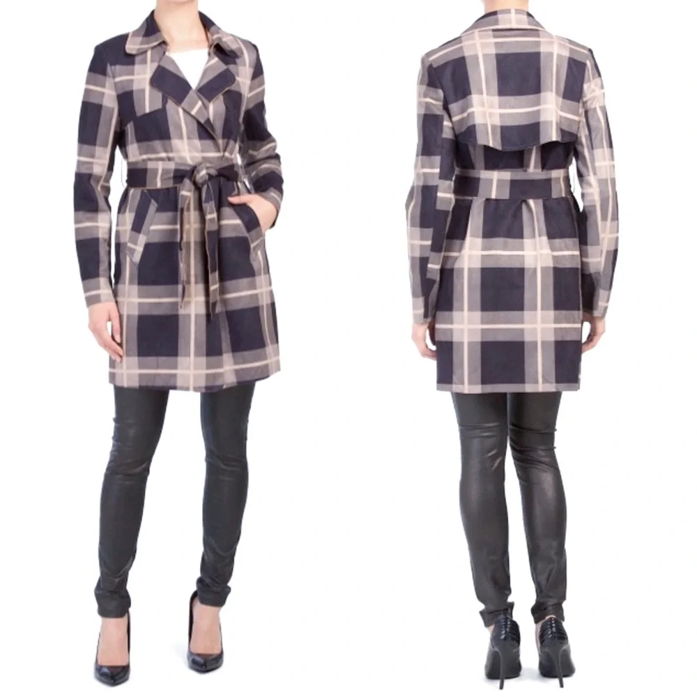 🧥SOLITAIRE Plaid Faux Suede Trench Coat - Picture 1 of 11
